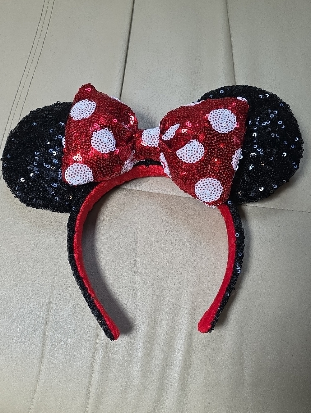 Disney Black Sequin Minnie Ears Headband with Red Polka Dot Bow